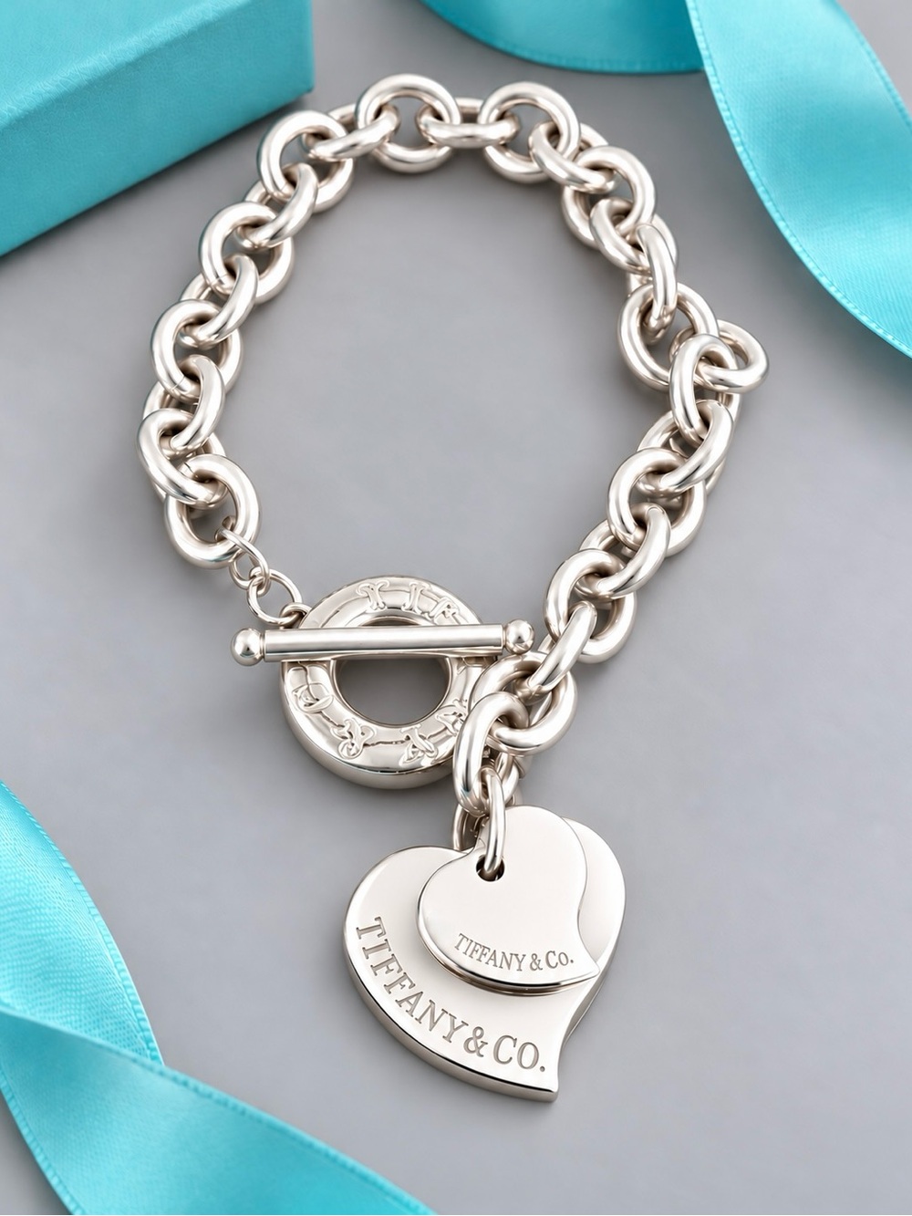 Vintage Tiffany & Co. Double Heart Toggle Bracelet 8” Sterling Silver Authentic
